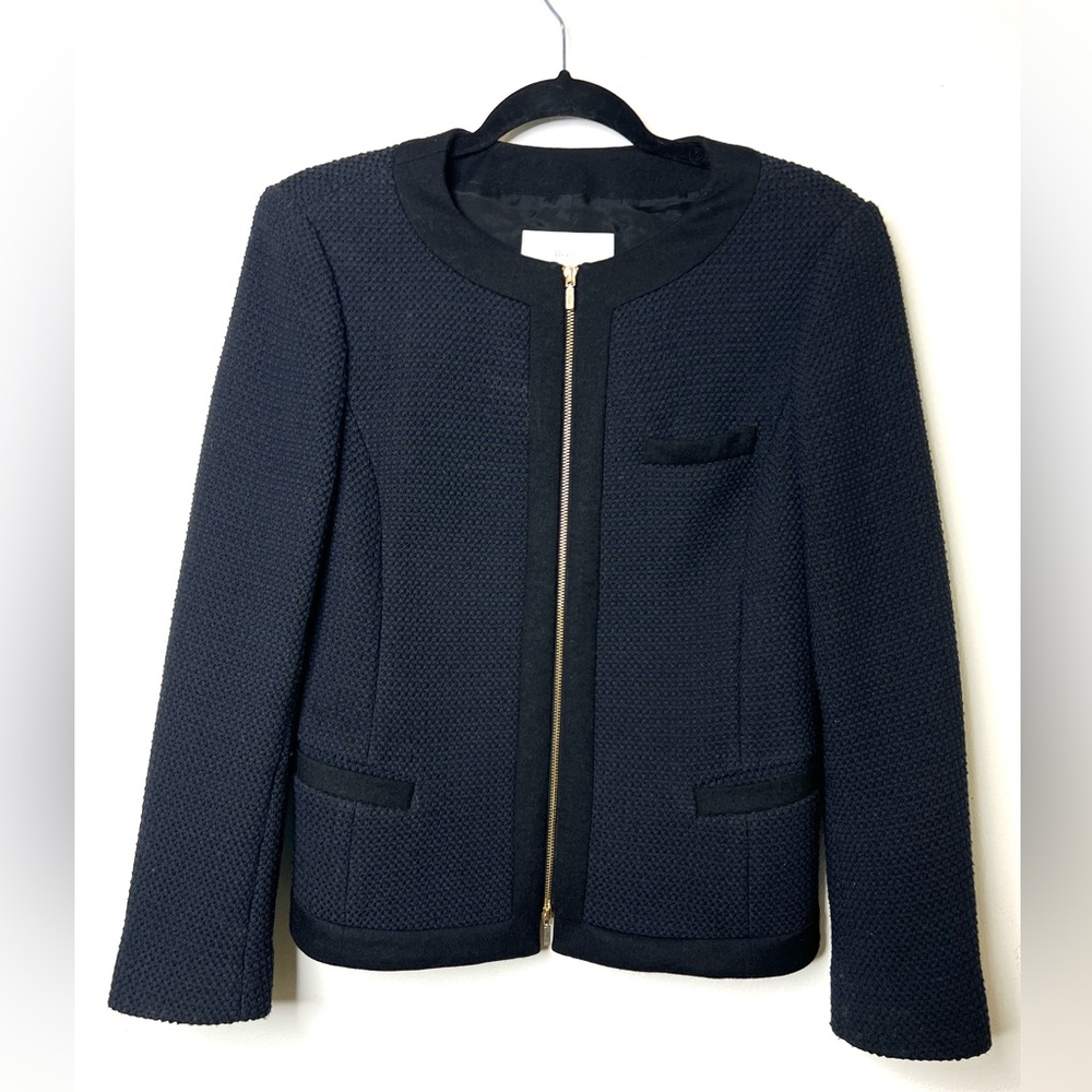 Hugo Boss Tweed Jacket Navy Black Zipper Front Chic Luxury Office SZ 6 EUC